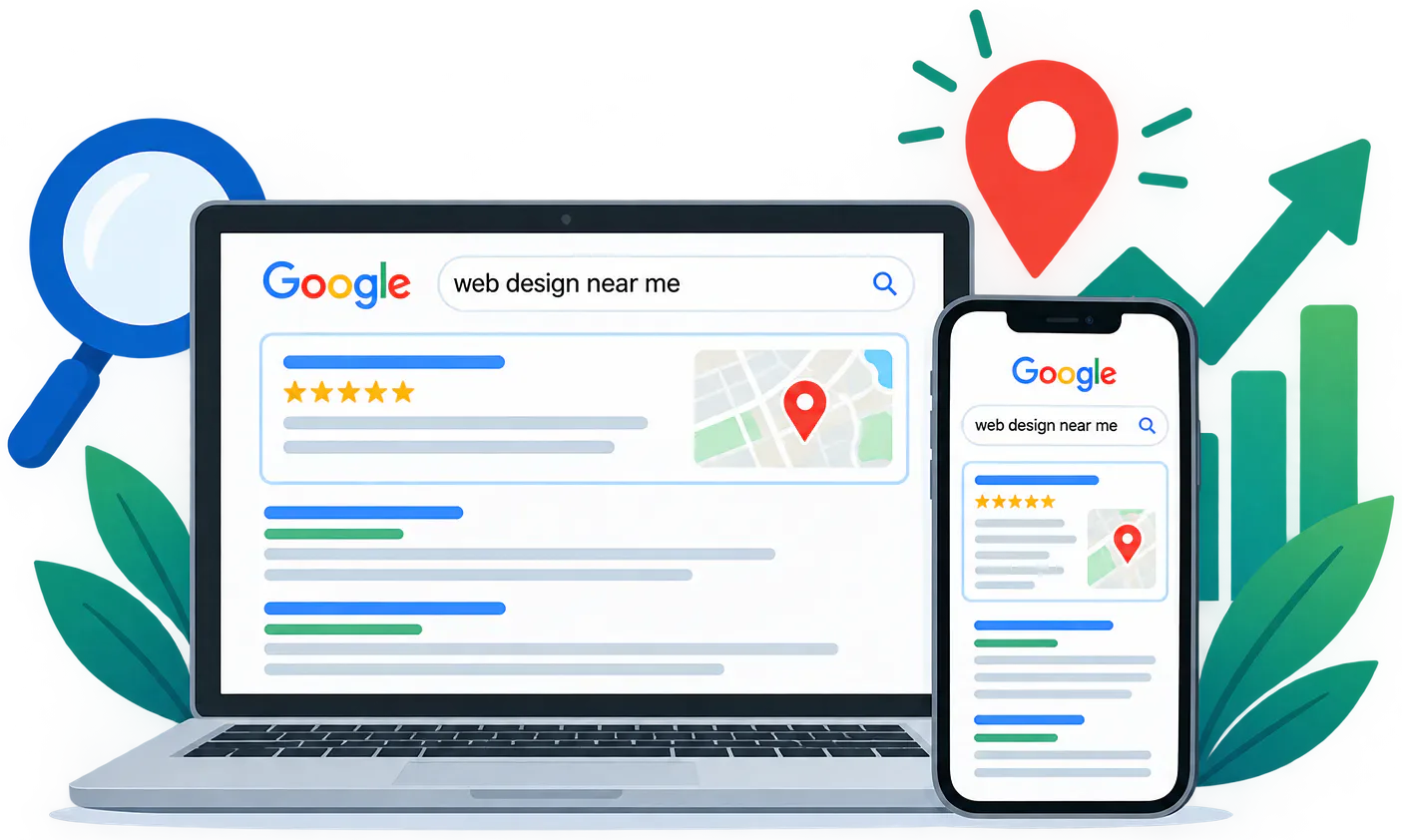 Illustration of Google search results for web design near me on desktop and mobile devices